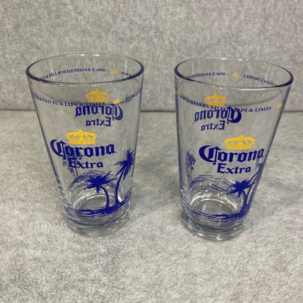 Corona Extra Drinking Glass 16oz Set 2 Clear Blue Palm Tree Barware Beer EUC
